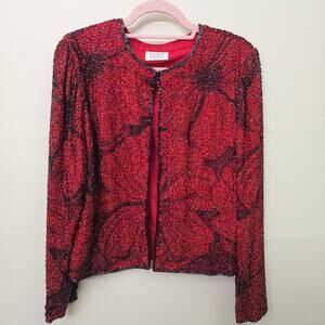 Red Black Beaded Silk Lined‎ Holiday Jacket Sean Collection Women’s L Glam